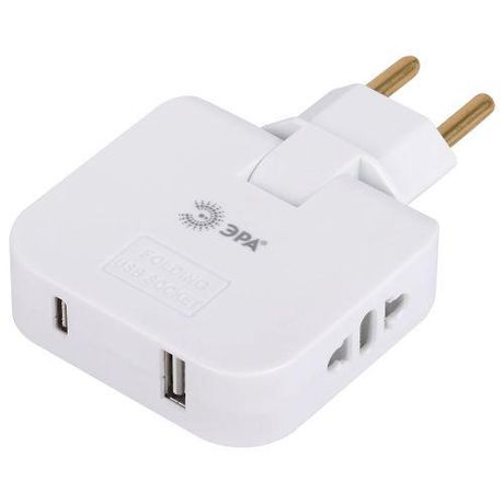 Тройник электрический поворотный на 2 розетки + 2USB A+C 10А белый SPF-2-FL-USBC - Б0069090 ЭРА