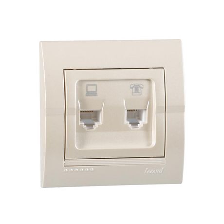 Розетка компьютерная + телефонная 2-м СП Deriy RJ45 RJ11 IP20 жемчуж./бел. метал. LEZARD 702-3030-143