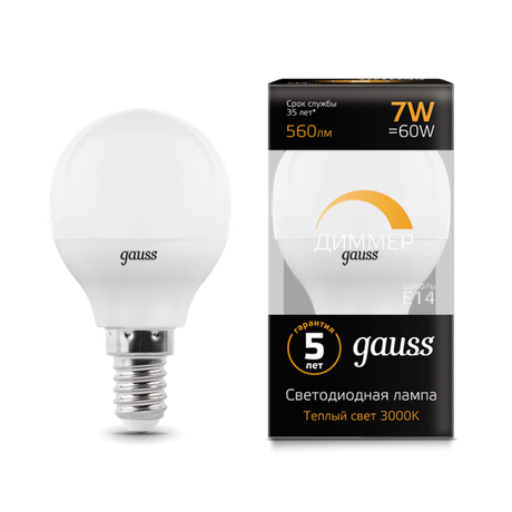 Лампа светодиодная LED 7 Вт 560 лм 3000К AC150-265В E14 шар P45 теплая диммируемая Black Gauss - 105101107-D