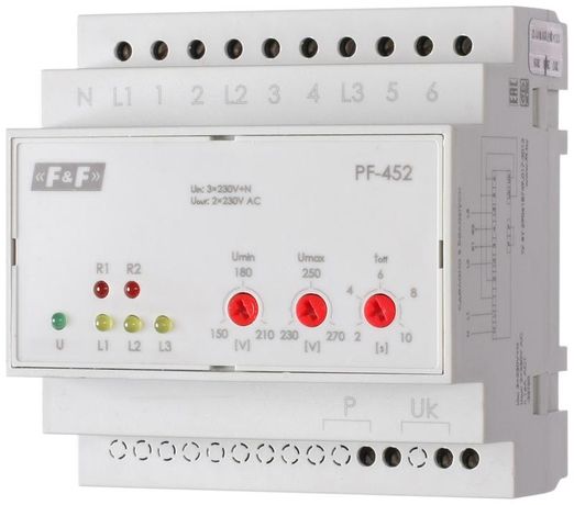 Переключатель фаз PF-452 (два выхода для питания нагрузки; с регулируемыми верхними (230-260) и нижними (150-210) значениями напряжения переключения; монтаж на DIN-рейке 35мм 3х400/230+N 6х16A IP20) F&F EA04.005.004 Евроавтоматика