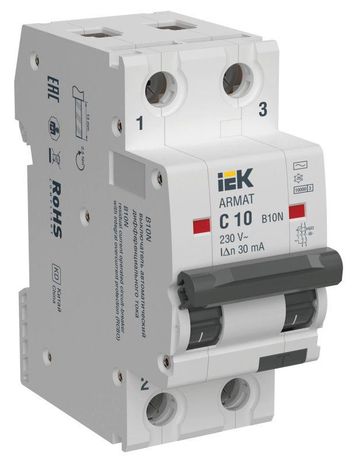 Выключатель автоматический дифференциального тока АВДТ B10N 2P C10 30мА тип AC ARMAT | AR-B10N-2-C010C030 IEK