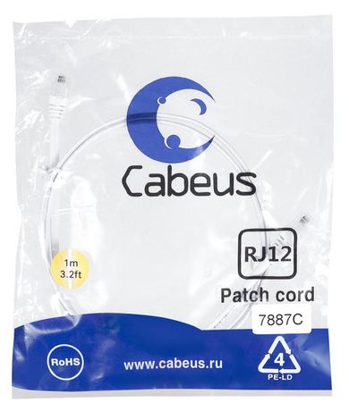 Патч-корд PC-TEL-RJ12-1m телефонный 2х6р4с, белый, PVC, 1 м - 7887c Cabeus