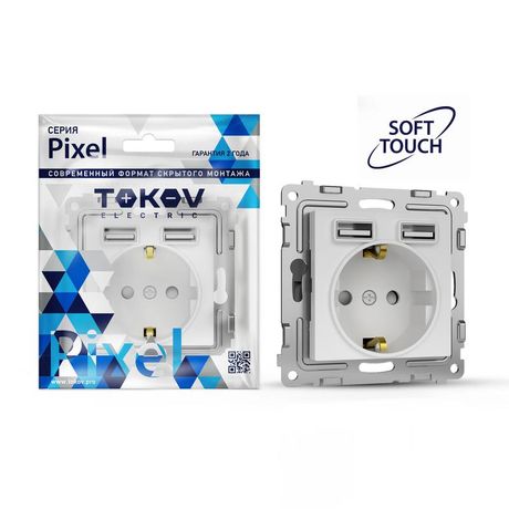 Розетка 1-м СП Pixel IP20 с заземл. 2-мя заряд. устр. USB тип A+A механизм айс TOKOV ELECTRIC TKE-PX-R1U2A-C34