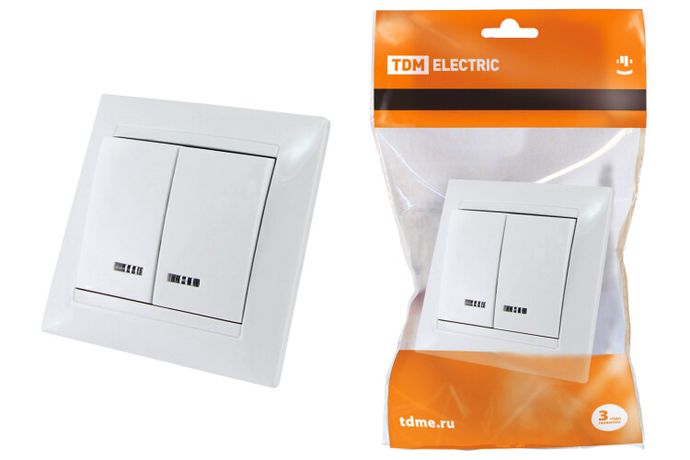 Выключатель двухклавишный с подсветкой 10А белый ''Лама'' - SQ1815-0005 TDM