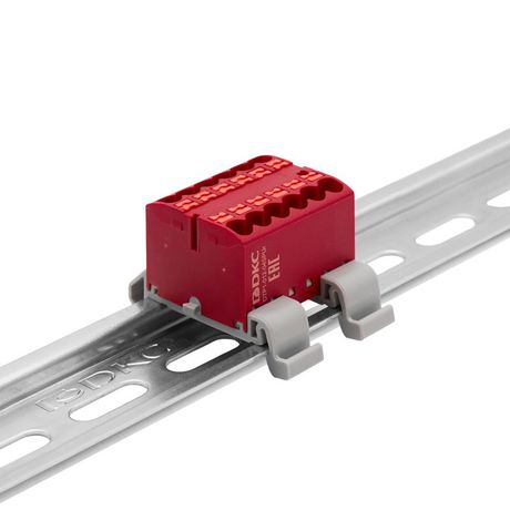 Блок распределительный с гориз. адаптером на рейку шириной 35мм, зажим push-in, 12 точек подключения 2,5 кв.мм, красный - DTP1-012-04SPUR-H ДКС