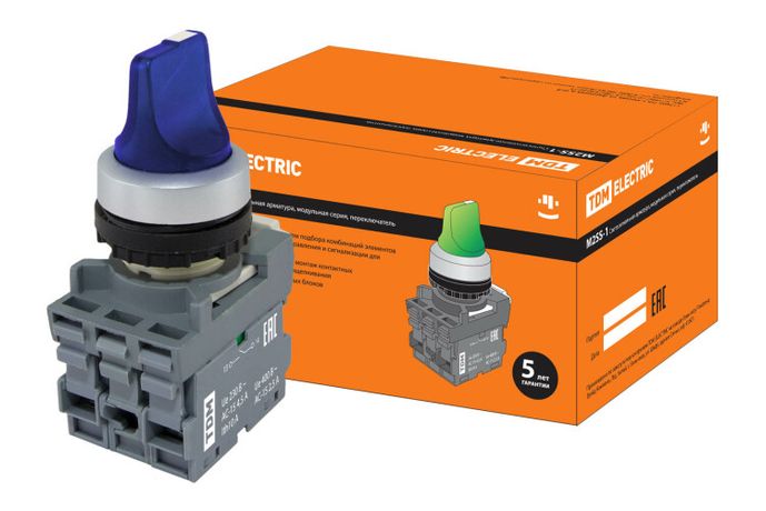 Переключатель на 3 положения с фиксацией M3SS1-21L короткая ручка(LED) d22мм/220B 1з+1р синий | SQ0747-0077 TDM