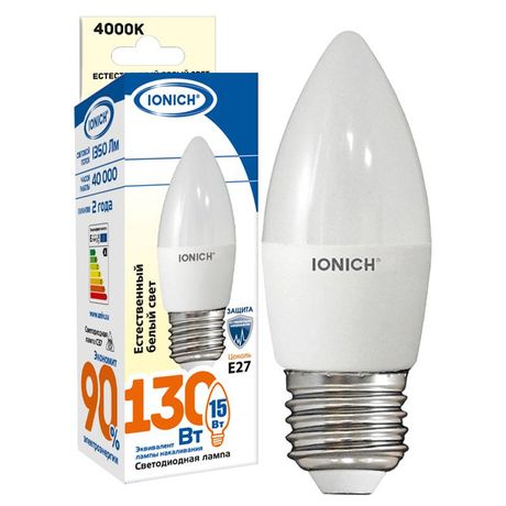 Лампа светодиодная C37 15Вт свеча 4000К E27 230В IONICH 1904