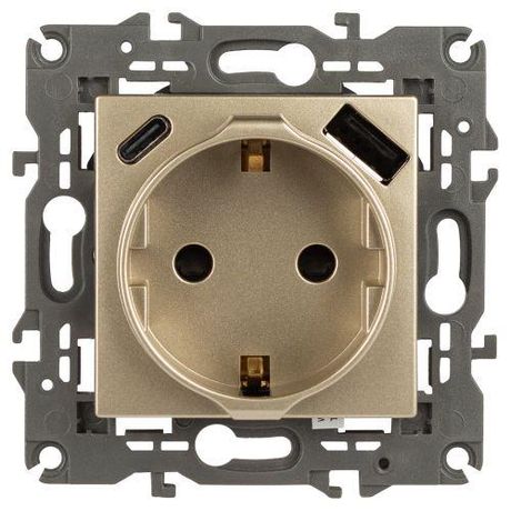 Розетка ЭРА Elegance 14-4108-04 со шторками, 2P+E 16A-250В, с USB type-A+C 5В-3А, шампань | Б0067740