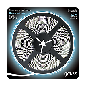 Лента светодиодная LED 2835/60-SMD 4,8 Вт/м 210 Лм/м 6500К холодный IP20 12 В DC 8 мм (блистер 5 м) Black Gauss - 312000305