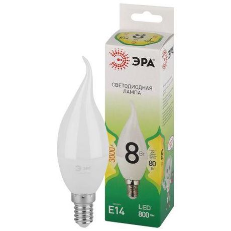Лампа светодиодная GREEN LINE LED BXS-8W-830-E14 GL E14 8 Вт свеча на ветру теплый свет | Б0067103 ЭРА