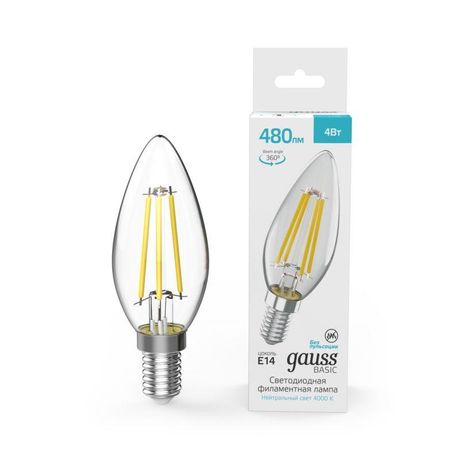 Лампа светодиодная филаментная LED 4 Вт 480 лм 4000К свеча нейтральный E14 AC 220В прозрачная колба Basic - 50312242 Gauss