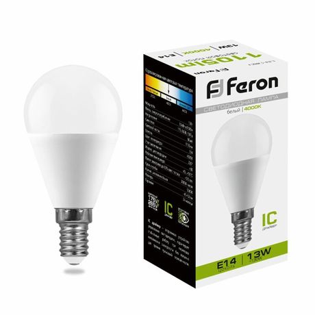 Лампа светодиодная LED 13вт Е14 белый матовый шар - LB-950 FERON 38102