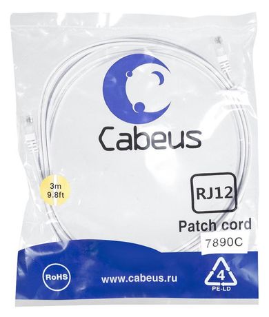 Патч-корд PC-TEL-RJ12-3m телефонный 2х6р4с, белый, PVC, 3 м - 7890c Cabeus