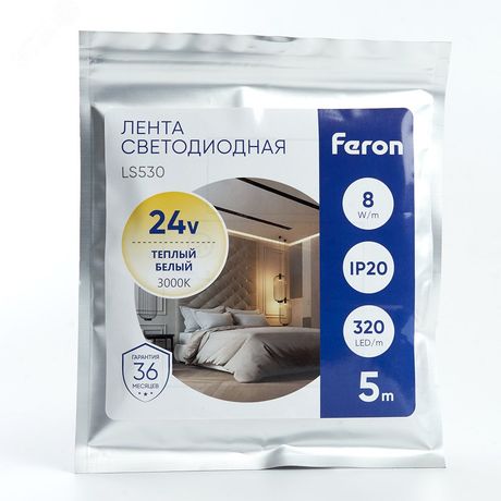 Лента светодиодная 320SMD(2110) 10Вт/м 24V 5000*8*1.8мм IP20 3000К, LS530 FERON | 48263
