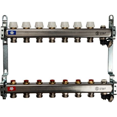 Блок коллекторный с ручными регулировочными клапанами 1' х 7 выходов 3/4' НР евроконус воздухоотводчиком и сливом - SMS 0932 000007 STOUT RG008Q1TNPTQBT