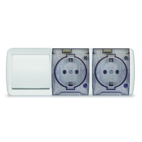 Блок ОП Клио 1-кл. выкл. 10А + розетка 2-м 16А 250В с заземл. прозр. крышкой бел. Universal К2238 Союз