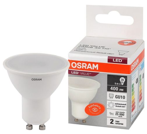 Лампа светодиодная LED 5 Вт GU10 4000К 400Лм спот 220 В (замена 35Вт) OSRAM - 4058075581364