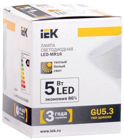 Лампа светодиодная LED 5Вт GU5.3 220В 3000К MR16 софит | LL-MR16-5-230-30-GU5 IEK (ИЭК)