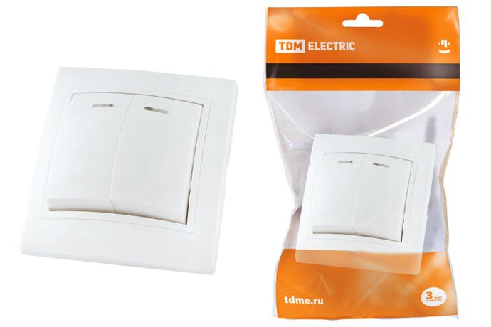 Выключатель двухклавишный с подсветкой 10А белый ''Таймыр'' - SQ1814-0005 TDM