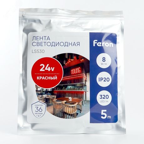 Лента светодиодная 320SMD(2110) 8Вт/м 24V 5000*8*1.8мм IP20, красный, LS530 FERON | 48266