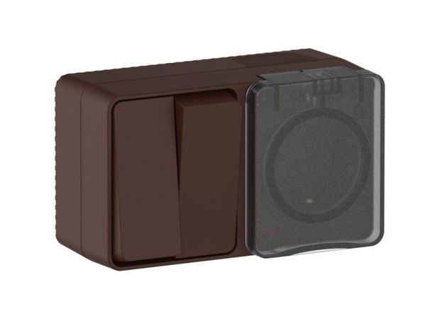 Блок ОП AtlasDesign PROFI IP54 (розетка 1-м 16А заземл. защ. шторки + 2-кл. выключатель 10А) корич. SE ATN546074 APC