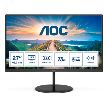 Монитор 27'' IPS, 3840x2160, 350 КМ/м2, 1000:1, 4мс, HDMIх2, DP, Speakers - U27V4EA AOC