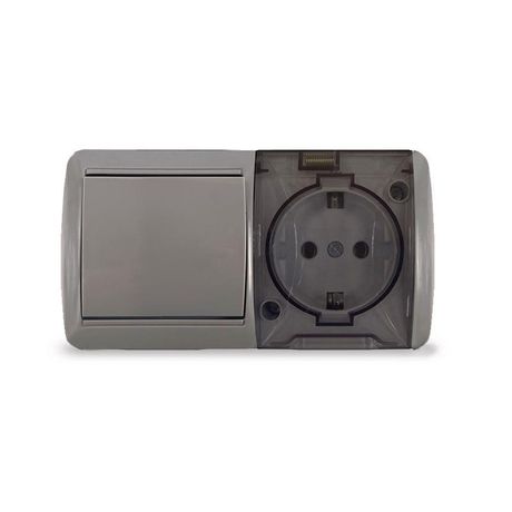 Блок ОП Клио 1-кл. выкл. 10А + розетка 1-м 16А 250В с заземл. прозр. крышкой сер. Universal К2237-Gr Союз