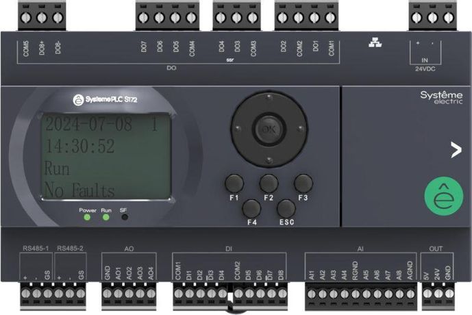 Контроллер логический программируемый S172, 24 VDC, дисплей, до 7 модулей расширения, 28 IO: 8 дискретных входов, выходов (6 реле, 3 A и 2 SSR), аналоговых входов (NTC10K, PT1000, PT100, 0-10 V, 4-20 mA), 4 выхода (0-10 2xRS485, 1xRJ45, 1xUSB (Type C), A) - SM172PS11BDM APC