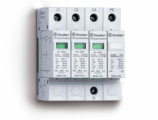 Устройство защиты от импульсных перенапряжений УЗИП тип 1 (3 варистора + искровый разрядник); модульный, ширина 70мм; степень IP20 FINDER 7P.14.8.275.1012 7P1482751012