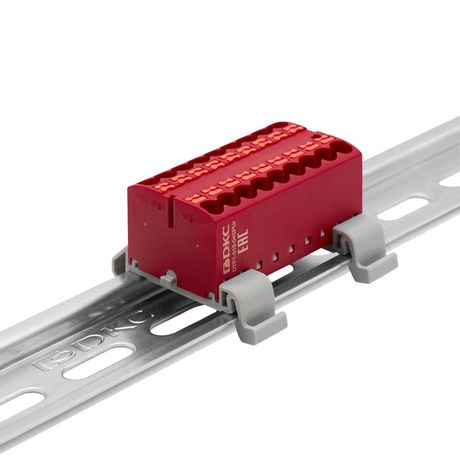 Блок распределительный с гориз. адаптером на рейку шириной 35мм, зажим push-in, 18 точек подключения 2,5 кв.мм, красный - DTP1-018-04SPUR-H ДКС