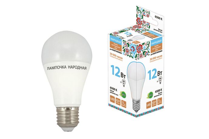 Лампа светодиодная НЛ-LED-A60-12 Вт-230 В-6500 К-Е27, (60х108 мм), Народная | SQ0340-1513 TDM