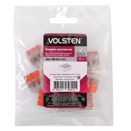 Клемма строительно-монтажная СМК 3 пр. до 4мм 32А 450 В 10шт V02-9W-221-413 оранж. Volsten 15235