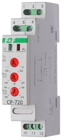 Реле напряжения CP-720 (однофазный; контроль верхнего и нижнего значений напряжения; 150-450В AC 16А 1NO/NC IP20) F&F EA04.009.002 Евроавтоматика