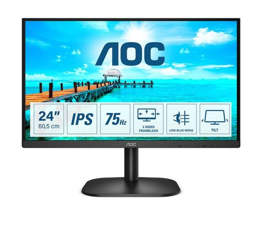 Монитор LCD 23.8дюйм [16:9] 1920х1080(FHD) IPS nonGLARE 250cd/кв.м H178град/V178град 1000:1 20M:1 16.7M 4ms VGA DVI Tilt 3Y Black 24B2XD AOC