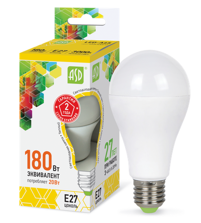 Лампа светодиодная LED-A60-standard 20Вт грушевидная 3000К тепл. бел. E27 1800лм 170-265В ASD 4690612004198