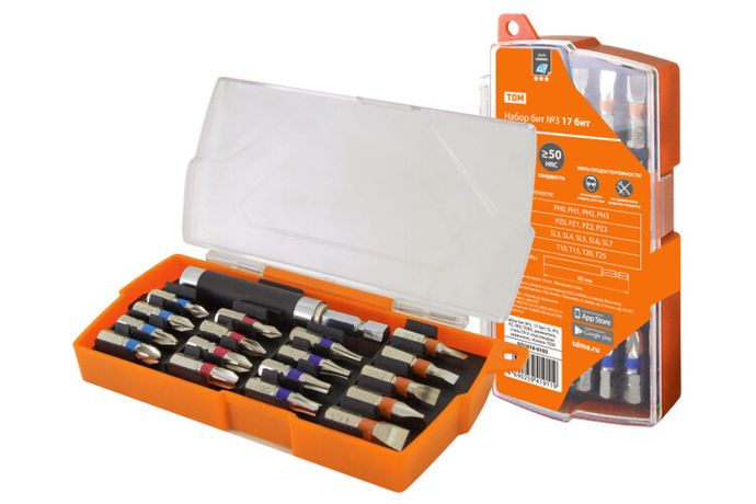 Набор бит №3, 17 бит: SL, PH, PZ, HEX, TORX, удлинитель, сталь CR-V, пластиковом держателе, «Алмаз» | SQ1019-0103 TDM