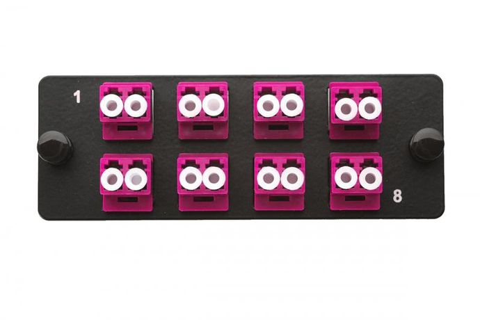 Комплект планка Q-SLOT с 8 адаптерами дуплекс LC OM4, монтажные шнуры, КДЗС, | 38M-40-2L-08BL Eurolan