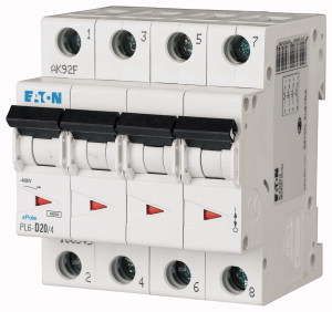 Автоматический выключатель 20А, кривая отключения B, 4 полюс, отключающая способность 6 кА PL6-B20/4 - 166497 EATON