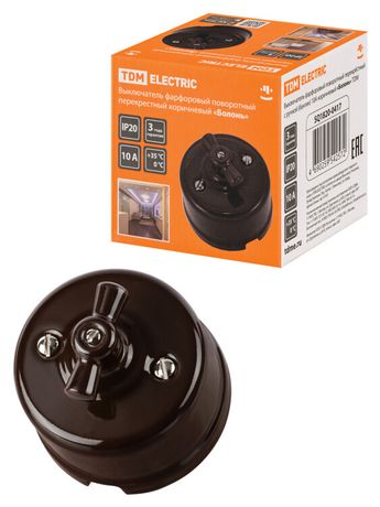 Выключатель фарфоровый поворотный перекрёстный с ручкой (бантик) 10А коричневый «Болонь» | SQ1820-0417 TDM