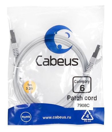 Патч-корд PC-FTP-RJ45-Cat.6-1m-LSZH F/UTP, категория 6, 2xRJ45/8p8c, экранированный, серый, LSZH, 1м - 7908c Cabeus