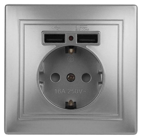 Розетка P+E Schuko со шторками, 16А-250В + 2хUSB 5В-2,1А, IP20, СУ, Plano, алюминий, 1-410-03 - Б0043249 ЭРА