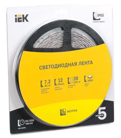 Лента светодиодная LED LSR-5050Y30-7.2-IP65-12V 7Вт/м желт. (уп.5м) IEK LSR2-4-030-65-1-05