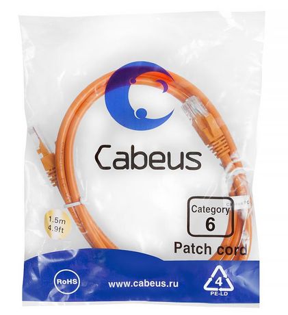 Патч-корд PC-UTP-RJ45-Cat.6-1.5m-OR U/UTP, категория 6, 2xRJ45/8p8c, неэкранированный, оранжевый, PVC, 1.5м - 8699c Cabeus