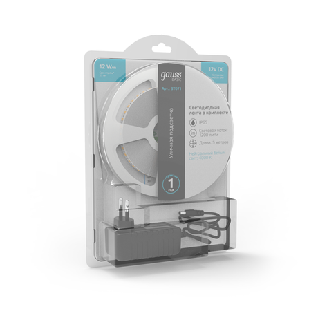 Лента светодиодная LED (комплект и драйвер) 2835/120-SMD 12 Вт/м 1200 Лм/м 4000К белый IP65 В DC 8 мм (катушка 5 м) Basic Gauss - BT071