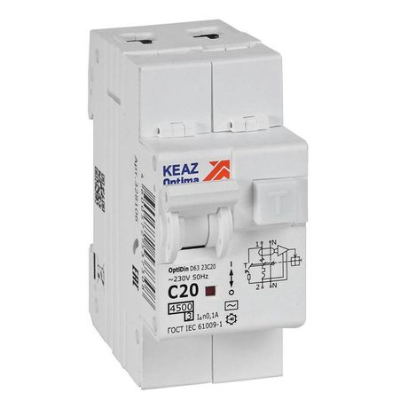 Выключатель автоматический дифференциального тока АВДТ с защитой от сверхтоков 2П 20А 100мА AC 4,5кА OptiDin D63-23C20-AC-У3 - 328106 КЭАЗ