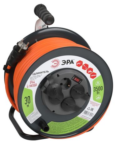 Удлинитель силовой RMx-4es-3x2.5-30m-IP44 на металлической катушке с заземлением и выключателем 4 розетки 30м ПВС | Б0052920 ЭРА