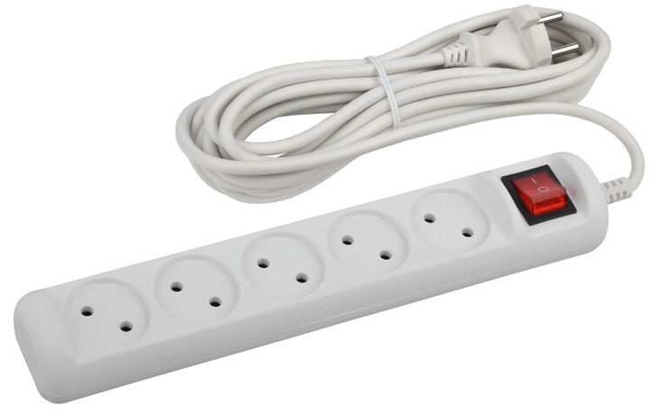 Удлинитель электрический U-5s-5m-2x1 без заземления c выключателем 5 розеток 5м ПВС 2x1мм2 10А - Б0044057 ЭРА