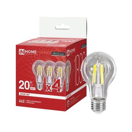 Лампа светодиодная LED-A60-deco 4PACK 20Вт 230В Е27 4000К 1890Лм (4шт./упак) прозрачная IN HOME - 4690612063232 IN HOME арт. 4690612063232
