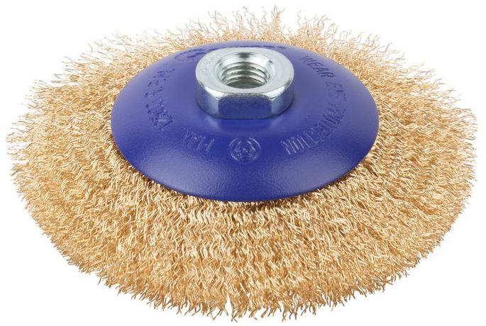 Щетка для УШМ, М14, Тарелка, латунированная витая проволока 0,3 мм, 125 блистер, Profi - 82-903 РОС