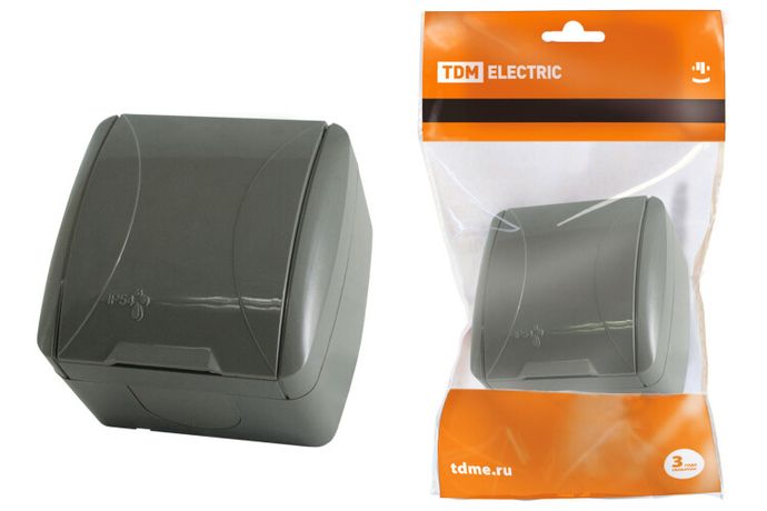 Розетка 2П+3 открытой установки IP54 16А с крышкой серая "Селигер" | SQ1818-0113 TDM